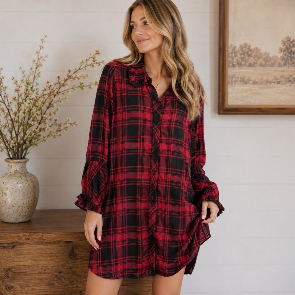 Soft Surroundings Buffalo Plaid Flannel Ruffle Button Down Dress Small